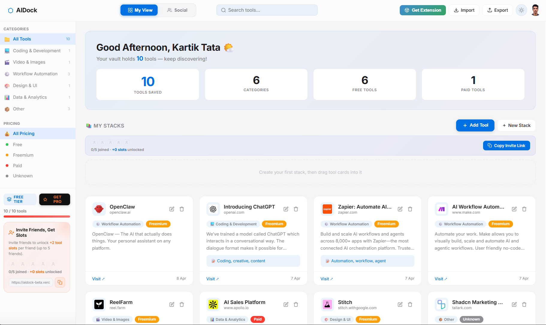 Personal AI tools dashboard
